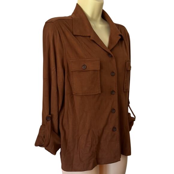 Norton McNaughton Woman Size 6 Brown Faux Suede Blouse Convertible Sleeves Vtg - Picture 2 of 8